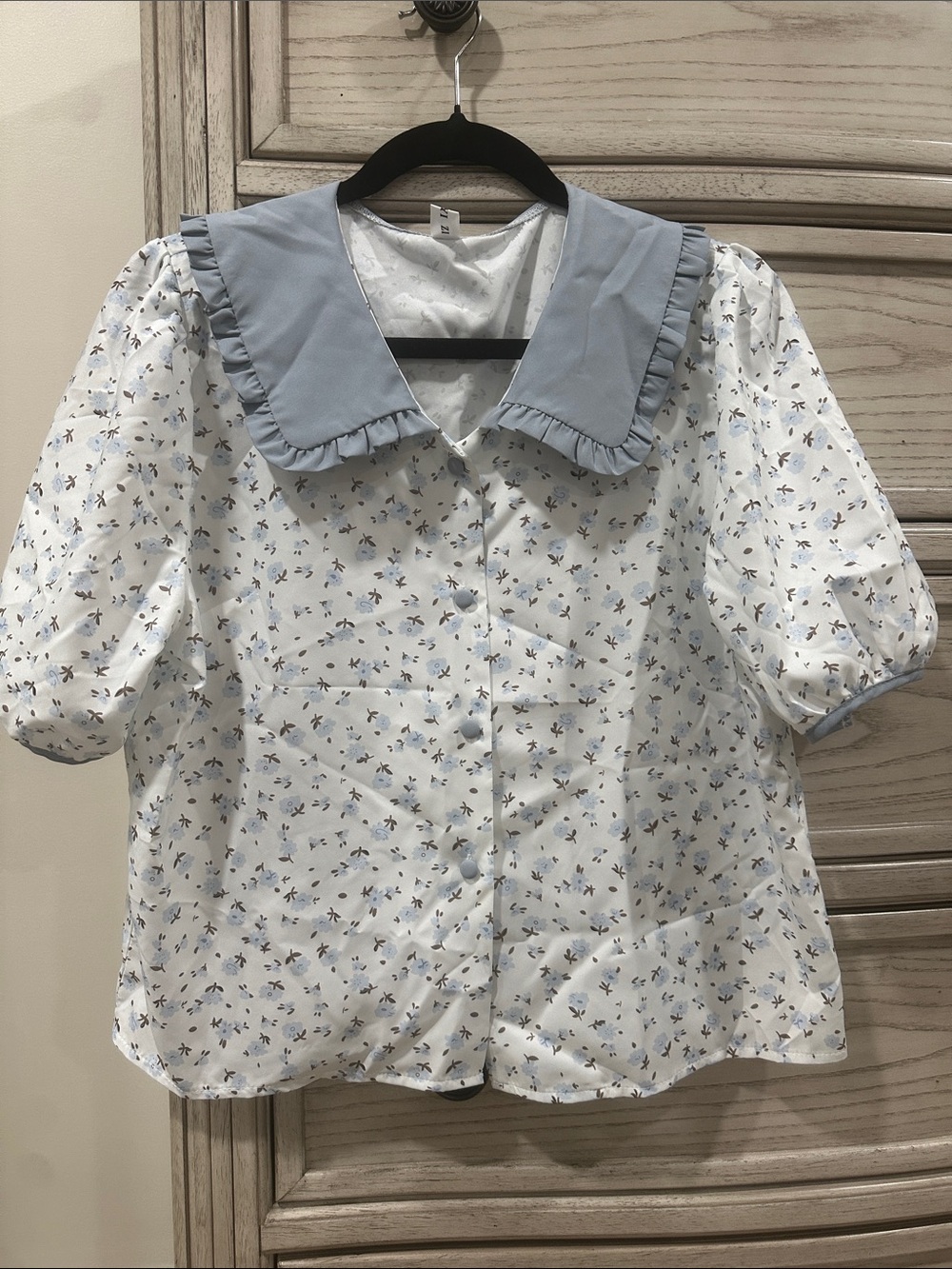 Women's White Floral Blouse with Light Blue Ruffle Collar